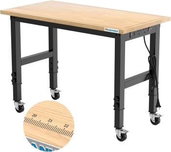LARBANKE Schwerlast-Werkbank 120 cm, Gummibaumholz, 5-Fach höhenverstellbar