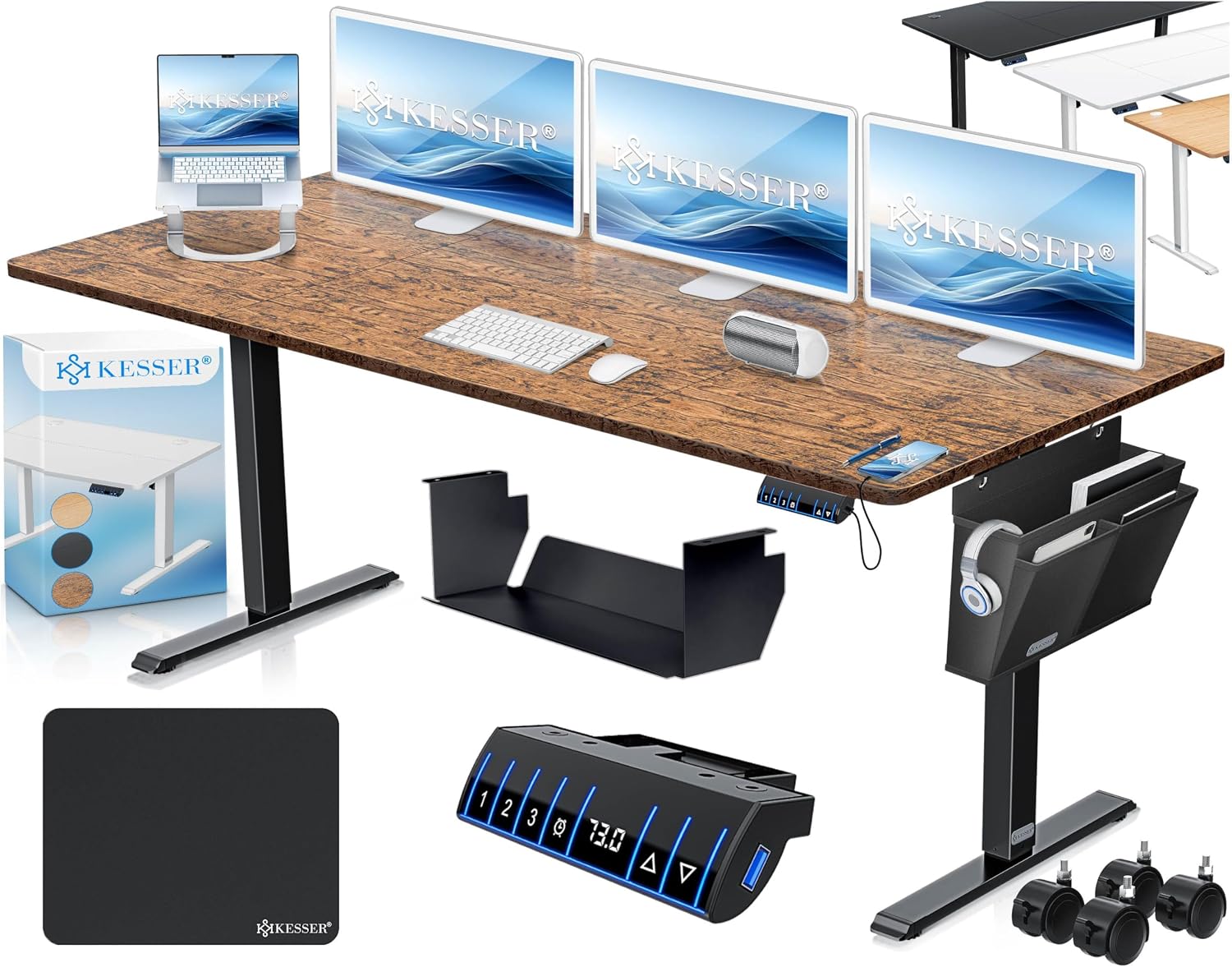 KESSER® höhenverstellbarer Schreibtisch elektrisch 180 x 80 cm, ergonomischer Steh-Sitz Tisch mit 3-Memory-Funktion, Stehtisch für Homeoffice, Inkl. Zubehör, USB-Ladeanschluss & 360° Rollen, Braun