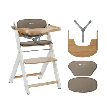 Bebeconfort Timba 2 mit Kissen, Mitwachsender Hochstuhl Baby, Ab 6 Monaten, Bis 110 kg, Ergonomischer Baby & Kinderhochstuhl Holz, Fast alle Esstische, Abnehmbares Tablett, Natural Wood + Beige