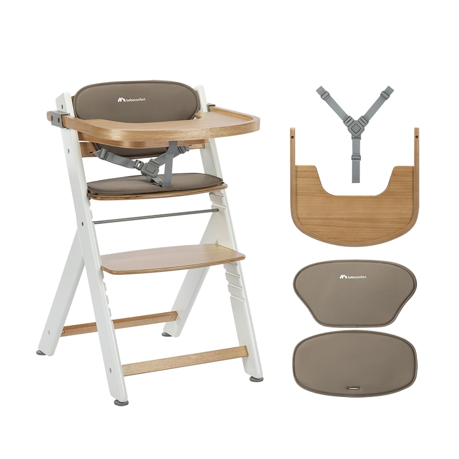 Bebeconfort Timba 2 mit Kissen, Mitwachsender Hochstuhl Baby, Ab 6 Monaten, Bis 110 kg, Ergonomischer Baby & Kinderhochstuhl Holz, Fast alle Esstische, Abnehmbares Tablett, Natural Wood + Beige