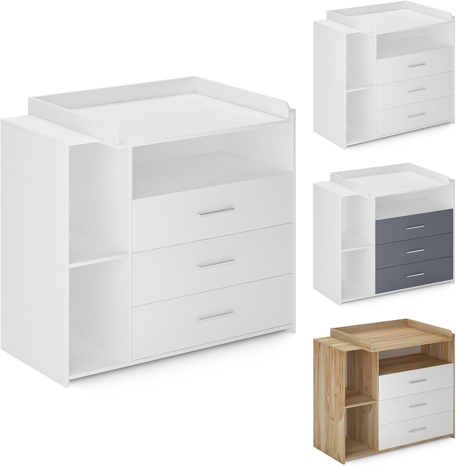Infantastic® Wickelkommode -Mit Wickelauflage, 3 Schubladen, 3 Fächer, 113x53x101.6 cm, in MDF, Weiß/Grau/Sonoma - Baby Kommode, Wickelregal, Wickeltisch, Wickelschrank mit Wickelaufsatz (Weiß)
