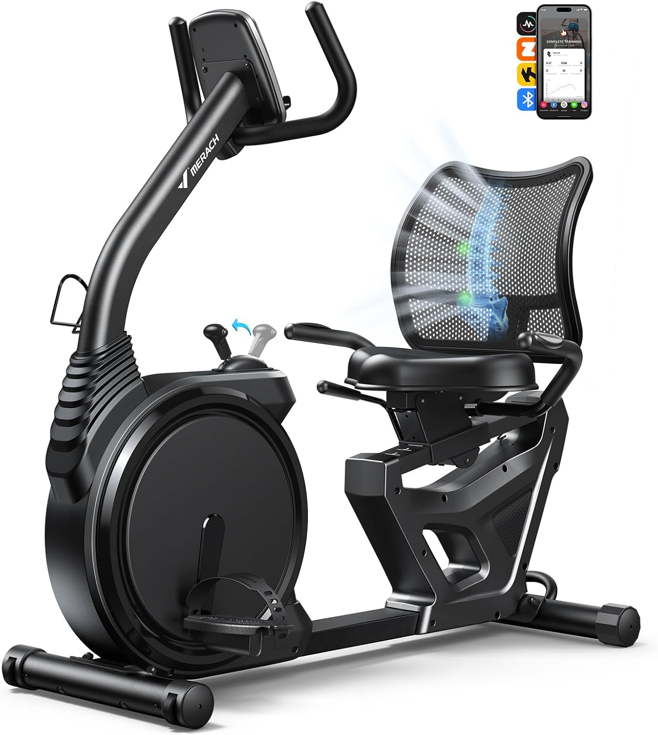 MERACH Liegeergometer für Zuhause mit 8 verstellbaren Widerstandsstufen, leichte kommerzielle Heimtrainer Fahrrad mit Smart Bluetooth, exklusiver App-Konnektivität, LCD-Display, Herzfrequenzsensoren