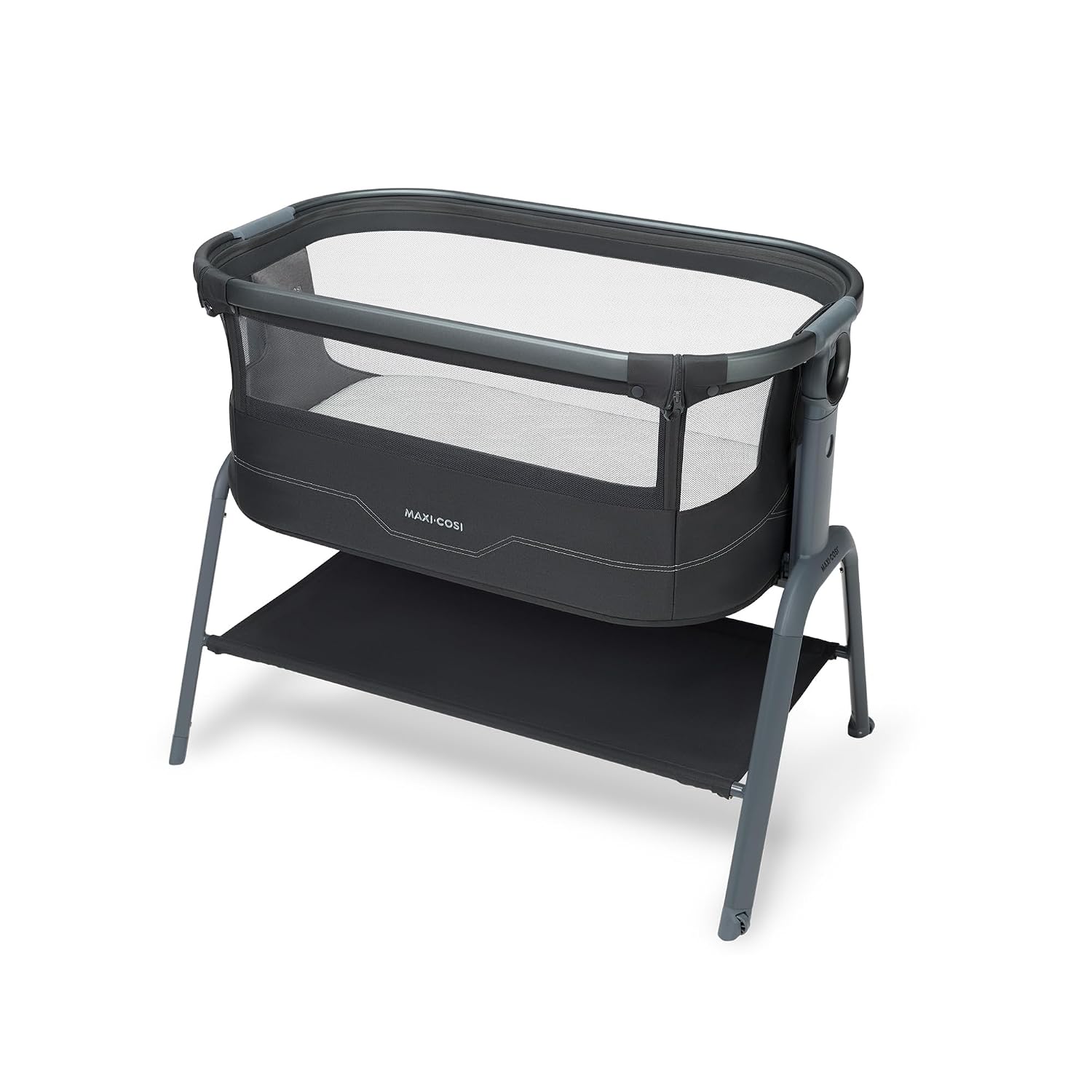 Maxi Cosi Iora² Baby Stubenbett, 0-6 Monate (9 kg), Klappbares und Leichtes Beistellbett Baby, 5 cm CloudCore-Matratze, 5 Höhenstufen, 2 Leichtgängige Rollen, Easy Slide, Elegance Graphite